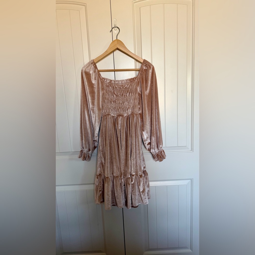 Smocked Velvet Midi Dress in Blush